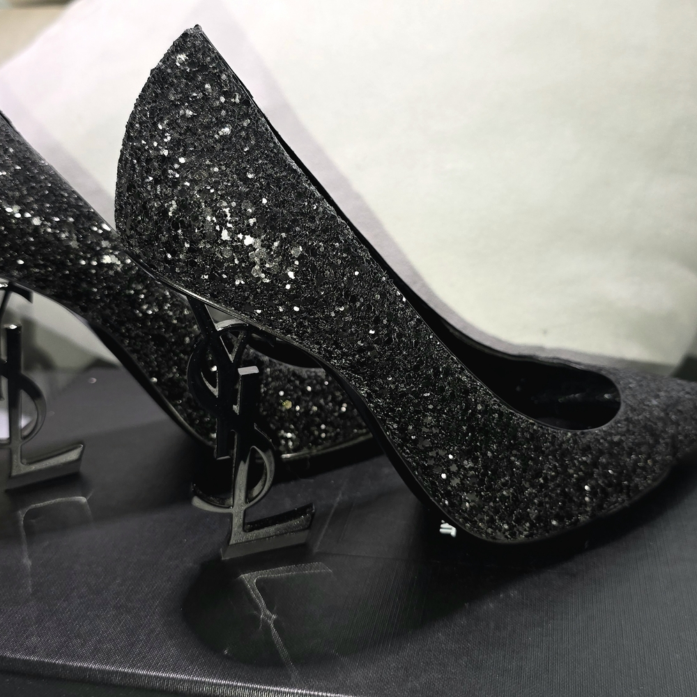 YSL Opym Black Glitter Heels